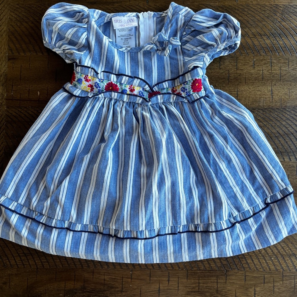 Iris & Ivy Blue and White Striped Dress with Floral Accents